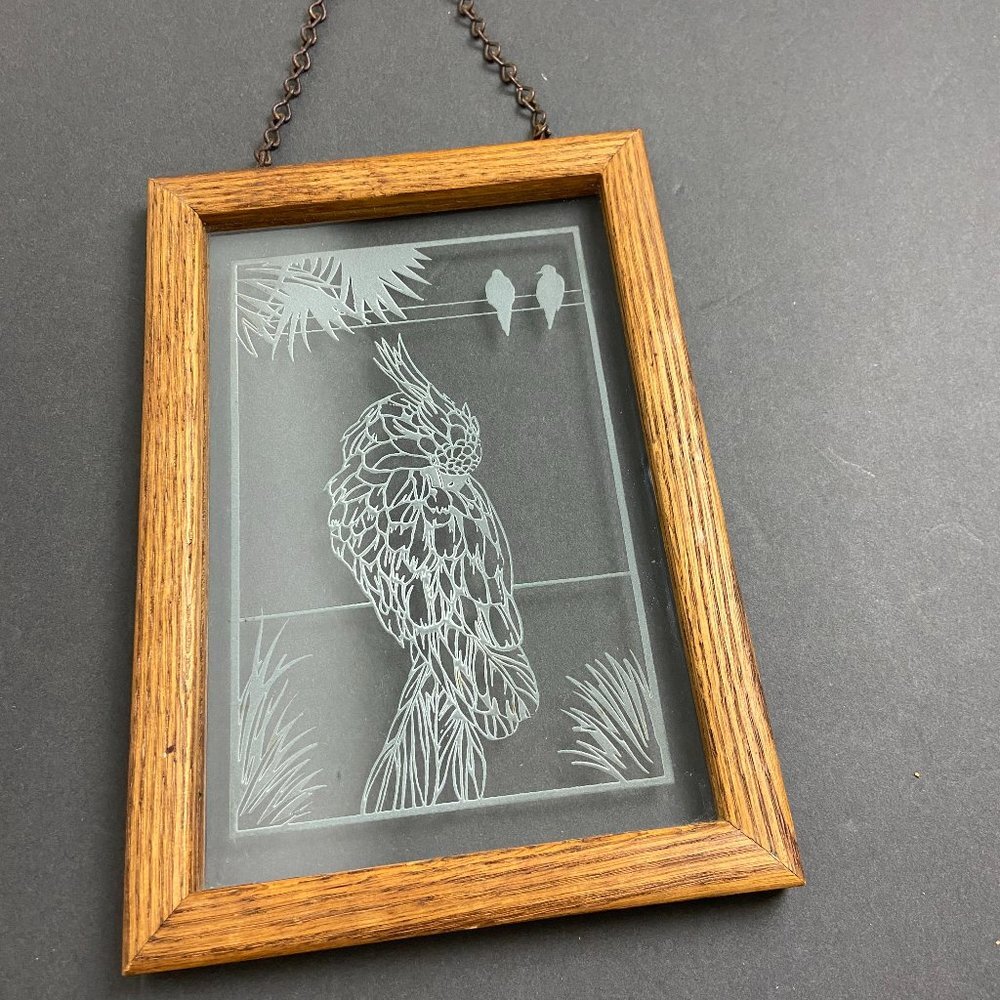 Vintage Stained Glass Window Panel  Wall decor Engraving Parrot
